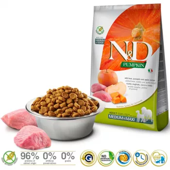 Trockenfutter für Hunde Farmina N&D Pumpkin BOAR & APPLE für ausgewachsene Hunde mittlerer und großer Rassen, 12 kg, getreidefrei, 30 % Protein