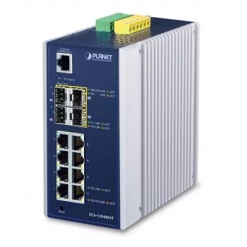 PLANET IGS-12040MT - Switch - Managed - 8 x 10/100/1000 + 4 x Gigabit SFP - DIN rail mountable, wall-mountable - AC 24 V / DC 12 -72 V (IGS-12040MT)