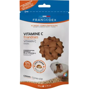Leckerli für Meerschweinchen FRANCODEX Vitamin C 50 g — fruchtig-aromatisierter fester Beutel, 50 g, Protein 8%, Fett 27%