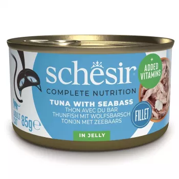 Schesir Oceanic Adult Nassfutter für Katzen mit Thunfisch und Wolfsbarsch in Gelee, 85 g