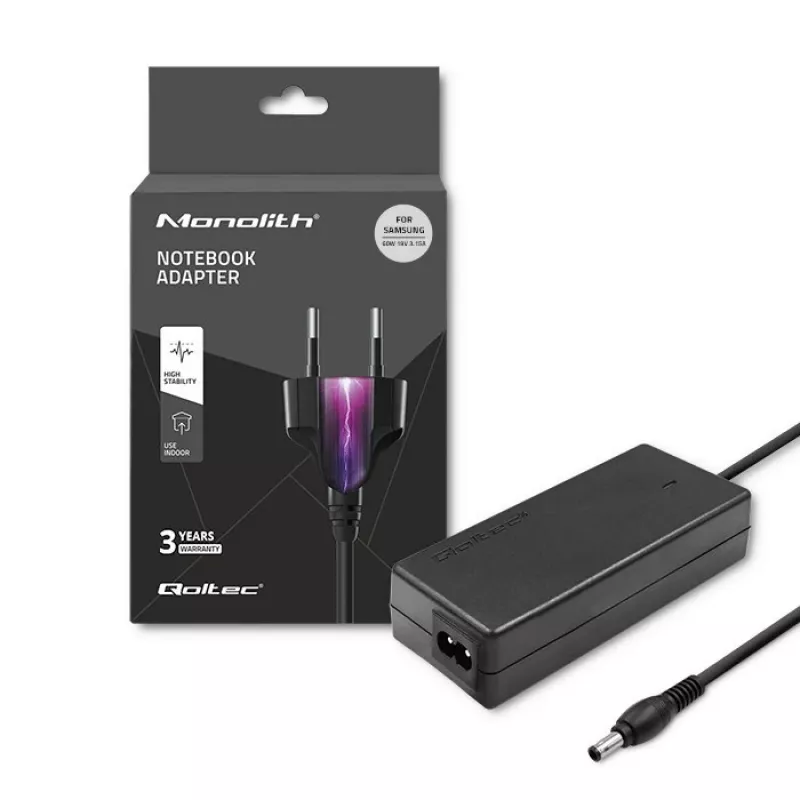 Qoltec 50015.60W Netzteil für Samsung | 60W | 19V | 3,15A | 5,5*3,5+Pin | inkl. Netzkabel