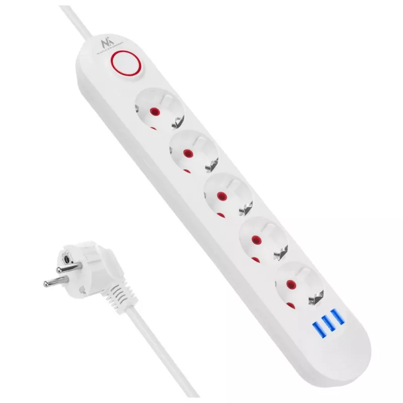 Mehrfachsteckdose MACLEAN MCE395 W — 5 Steckdosen, 3× USB A, 110–240 V AC, 2,1 A USB, max. 2500 W, weiß, 1,5 m Kabel