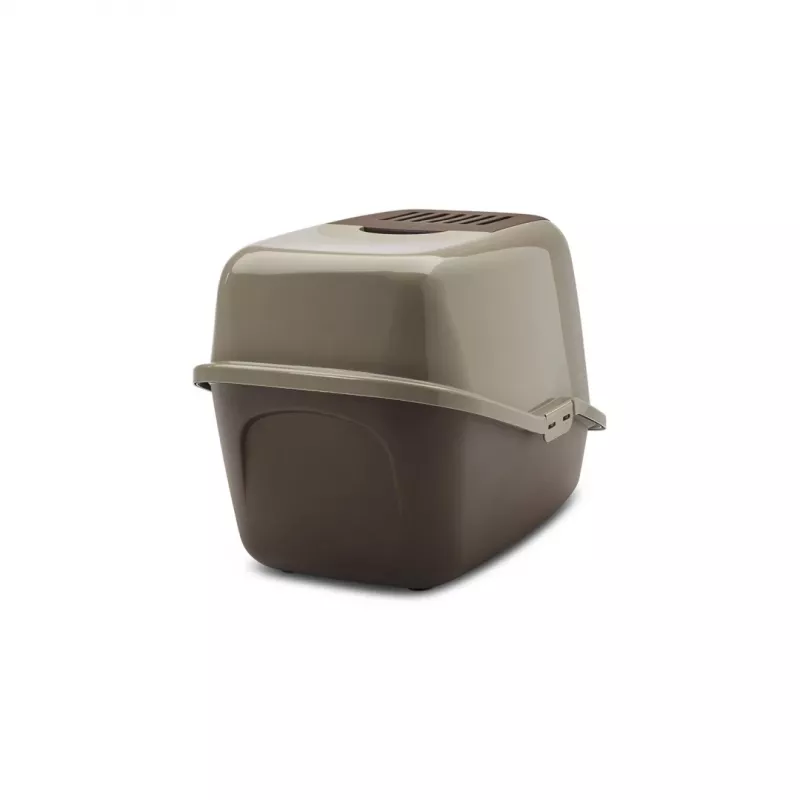Abgedeckte Katzentoilette Savic Nestor, Kunststoff, 56×39×38,5 cm, Warmgrau–Schokoladenbraun