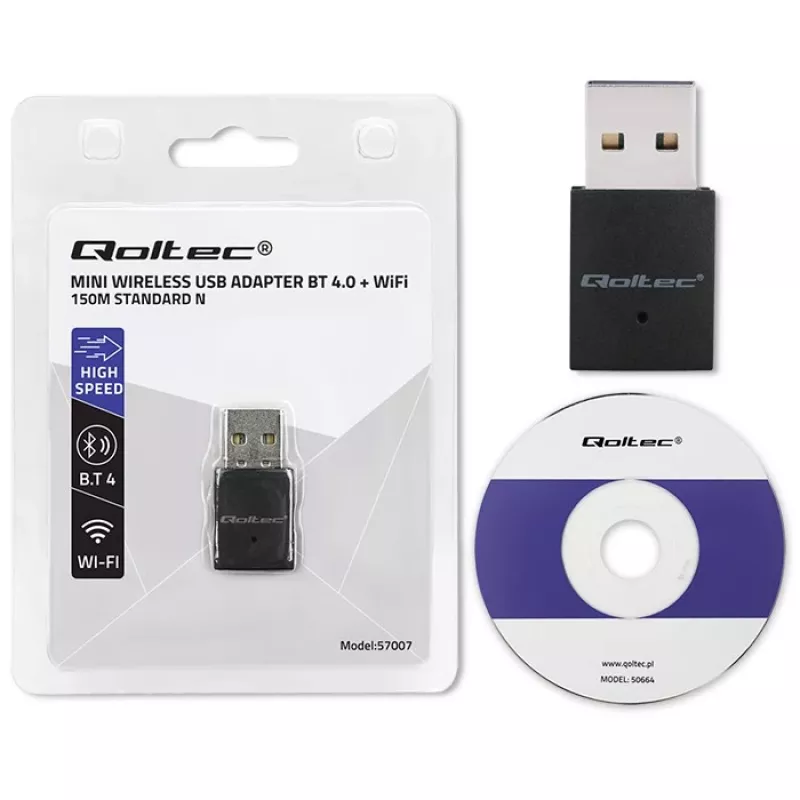 Kompakter kabelloser Mini-USB-WLAN-Adapter QOLTEC 57007 – Single-Band 2,4 GHz, bis zu 150 Mbit/s, interne Antenne