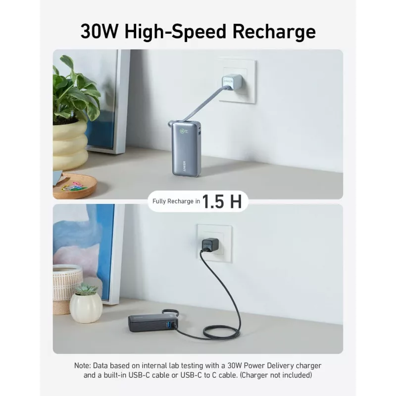 Powerbank 545 NANO 30W 10000mAh mit integriertem USB-C-Kabel, schwarz