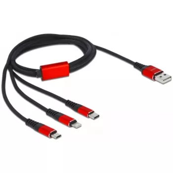 USB-Ladekabel DeLOCK 3-in-1 Typ-A auf Lightning / 2 x USB Typ-C 1 m schwarz / rot