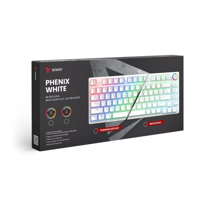 Gaming-Tastatur Savio Phenix WHITE GAT RED PUD Kabelgebunden Kabellos USB Bluetooth RGB LED