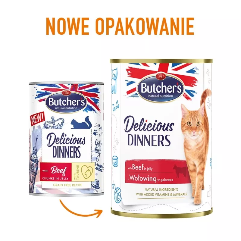Nassfutter für Katzen Butcher's Delicious Dinners 400 g — Rind, getreidefrei, Ausgewachsene