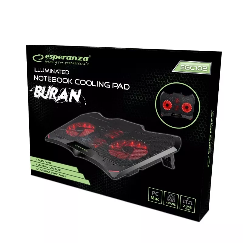 Laptop-Kühlpad ESPERANZA EGC102 – 4 Lüfter, USB-betrieben, 2 Höhenpositionen, schwarz, 415×305×27 mm