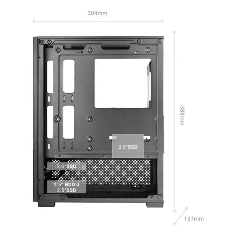 Mini-Tower-PC-Gehäuse TACENS Mars Gaming MC-SE2 — Mini-ITX / Micro-ATX, schwarz, Seitenfenster, Boden-Netzteil, unterstützt 2x2,5 Zoll + 1x3,5 Zoll