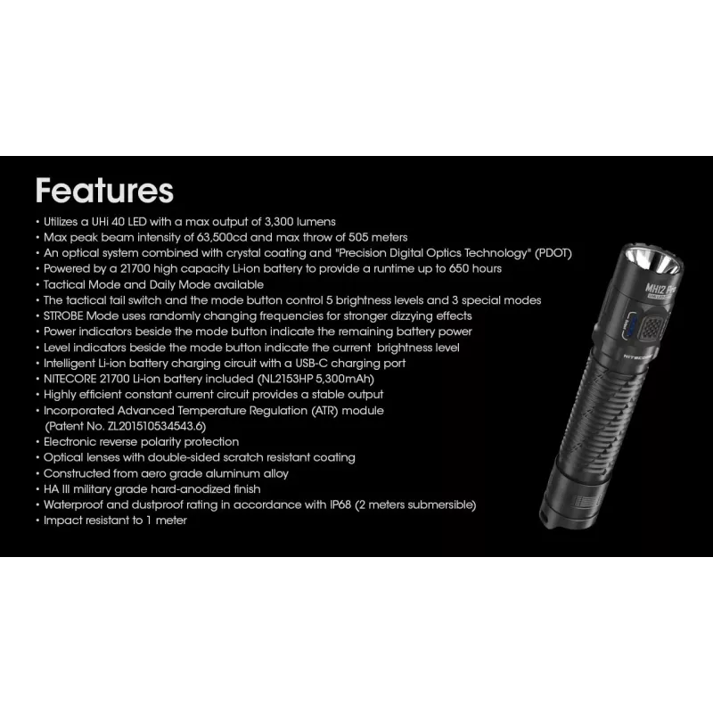 Handtaschenlampe Nitecore MH12 Pro Schwarz LED 3300 lm USB-aufladbar 5300 mAh, Aluminium, 138,5 mm, 81,5 g, wasserdicht 2 m