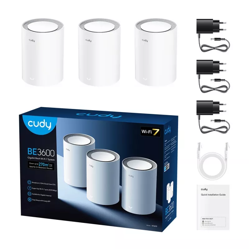 Mesh-System Cudy M3600 Wi‑Fi 7 Dual‑Band (2,4/5 GHz), 3er-Pack, 2882/688 Mbit/s, 3x LAN, interne Antennen
