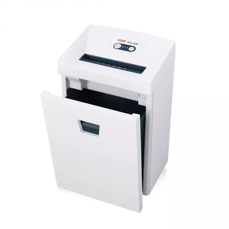 Shredder HSM Pure 420 — Partikelschnitt P-4, 24 cm Arbeitsbreite, 15 Blatt Kapazität, 35 L Auffangbehälter, weiß