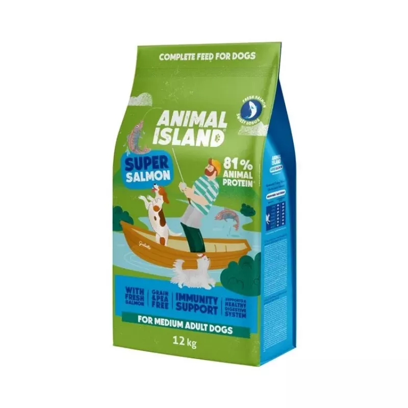 Trockenes Hundefutter Animal Island Adult Medium Salmon 12 kg — Alleinfuttermittel für mittelgroße Rassen, 32% Protein, 16% Fett, getreidefrei
