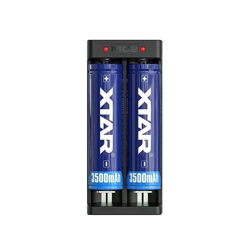 XTAR Dual-Slot Li-Ion-Akkuladegerät für 18650 Zellen, USB-C-Eingang, 2 Schächte, schwarz, LED-Anzeigen