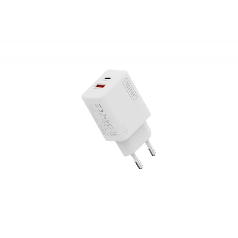 AC USB-Ladegerät DIGITUS 20W, 1x USB-C, 1x USB-A, Eingang 100–240V, Weiß