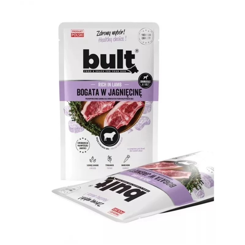 Nassfutter für Hunde BULT Reich an Lamm 100 g Beutel — Alleinfuttermittel für ausgewachsene Hunde, 75% Feuchtigkeit, 12% Protein, getreidefrei