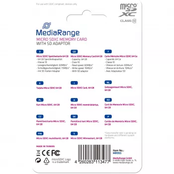 Speicherkarte MediaRange 64GB MicroSDXC Class 10 MR955
