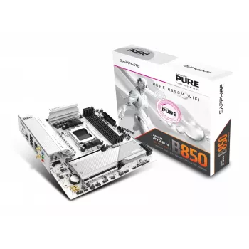 Mainboard Sapphire PURE B850M WIFI Micro ATX — AMD B850, Sockel AM5, DDR5 bis zu 8000 MHz, 4 DIMM, Wi‑Fi 6, 2,5 Gb LAN, 2× M.2, PCIe 5.0 x16