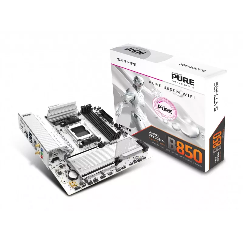 Mainboard Sapphire PURE B850M WIFI Micro ATX — AMD B850, Sockel AM5, DDR5 bis zu 8000 MHz, 4 DIMM, Wi‑Fi 6, 2,5 Gb LAN, 2× M.2, PCIe 5.0 x16