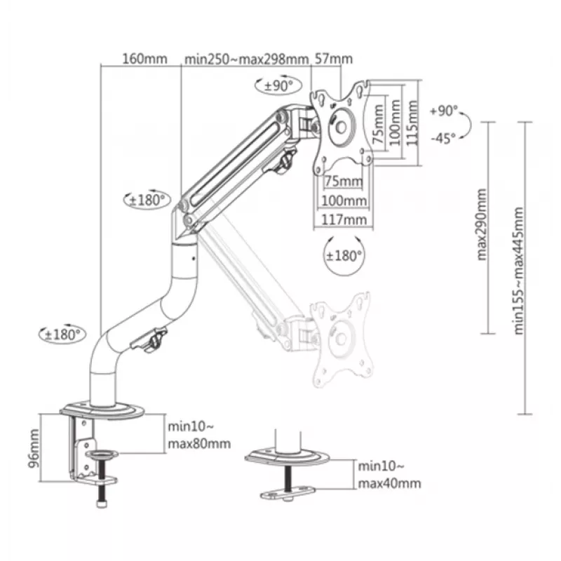 Gembird MA-DA1-02 Verstellbarer Tischhalterarm für Bildschirme (neigbar), 17”-32”, bis 8 kg