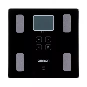 Elektronische Personenwaage Omron VIVA – quadratisch, schwarz, max. 150 kg, 100 g Genauigkeit, Körperfett/BMI/BMR, 30-Benutzer-Speicher