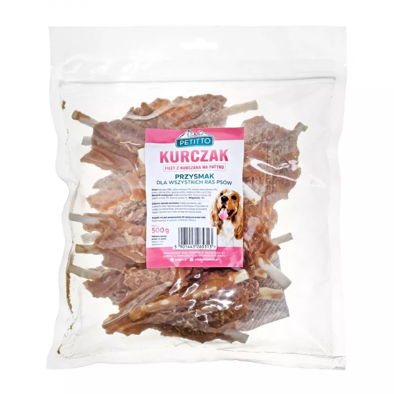 Hundeleckerlis PETITTO Hähnchenfilet am Stick 500 g — Geflügel-Diätsnack, 500 g Kunststoffpackung