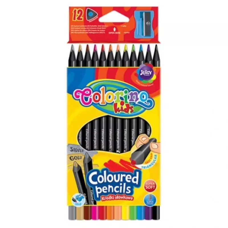 Colorino Kids Dreikant-Buntstifte 12 Farben (mit Spitzer) schwarzes Holz