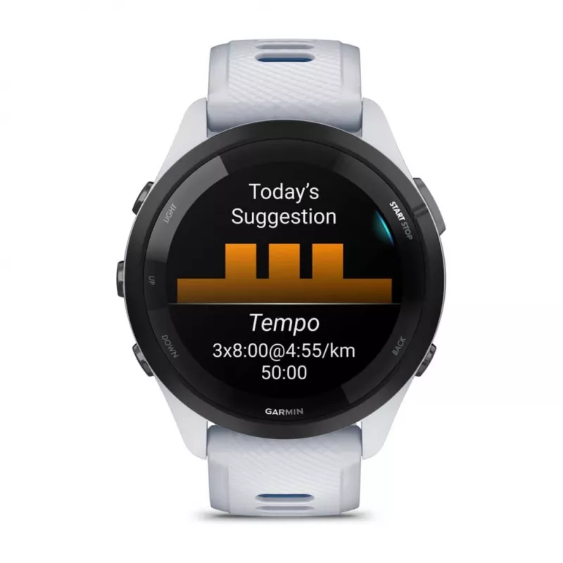 Smartwatch GARMIN Forerunner 265 — 46 mm GFRP-Gehäuse, AMOLED 1,3 Zoll, GPS/GLONASS/Galileo, 15 Tage Akkulaufzeit, 5 ATM, Silikonarmband