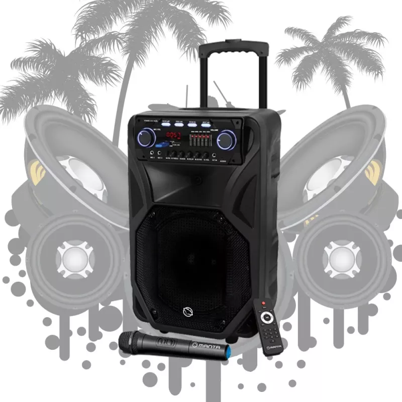 Tragbarer Karaoke-Lautsprecher MANTA SPK5021PRO 20W, 12-Zoll-Tieftöner, 80W RMS, Bluetooth, Akkulaufzeit bis zu 5 Std., SD/USB, Mikrofon- und Gitarreneingänge