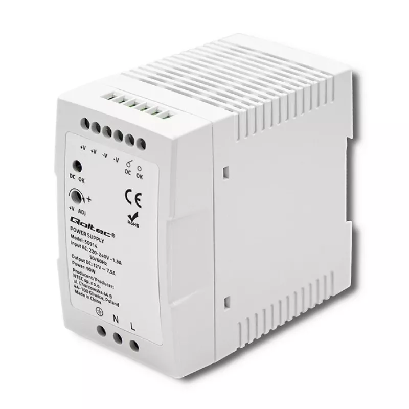 Qoltec 50914 Hutschienen-Netzteil | 90W | 12V | 7,5A | Weiß | schlank