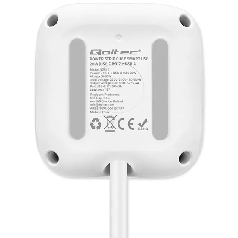 Power Cube QOLTEC 52547 Steckdosenleiste 3×AC-Steckdosen, 2×USB-A, 1×USB-C PD 20W