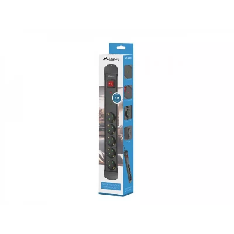 Stromverlängerungskabel Lanberg SP1-05F-0500-BK 5m 5 Schutzkontakt-Steckdosen Innenbereich Schwarz