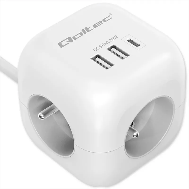 Power Cube QOLTEC 52547 Steckdosenleiste 3×AC-Steckdosen, 2×USB-A, 1×USB-C PD 20W