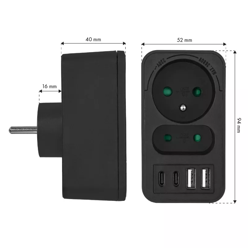 Power Splitter MACLEAN MCE249 F/B – 2 AC-Steckdosen (16A + 6A) mit 2×USB-A und 2×USB-C PD 20W, EU-Stecker, schwarz