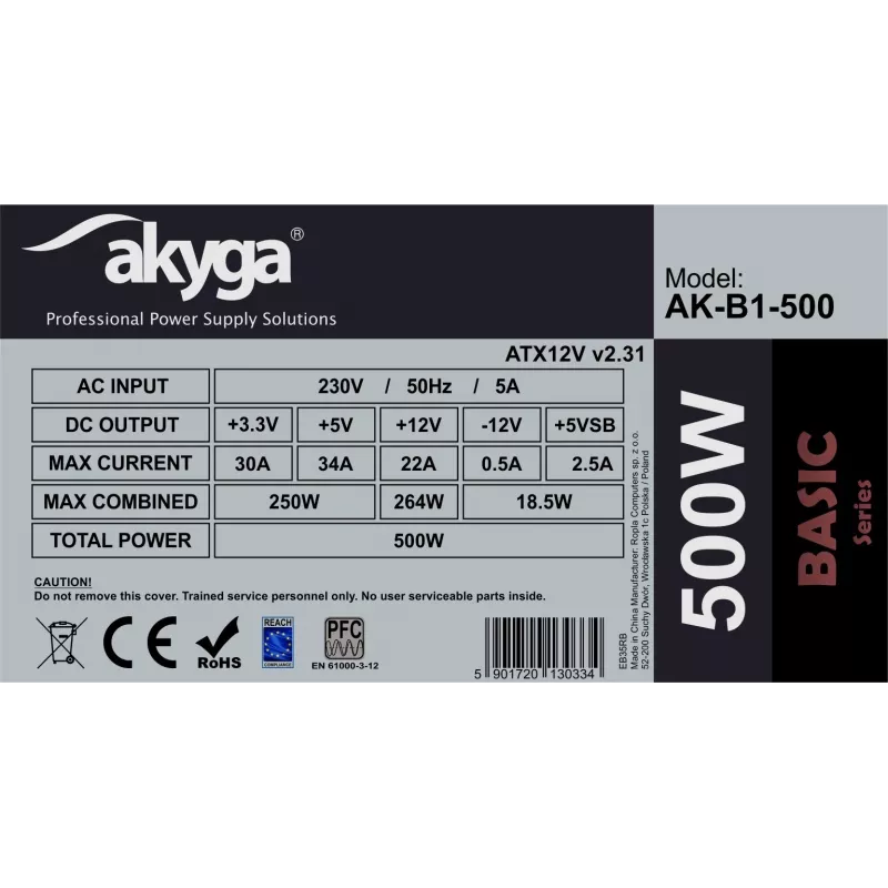Netzteil Akyga AK-B1-500, 500 W, ATX 2.31, 20+4-polig, 120-mm-Lüfter, nicht-modular
