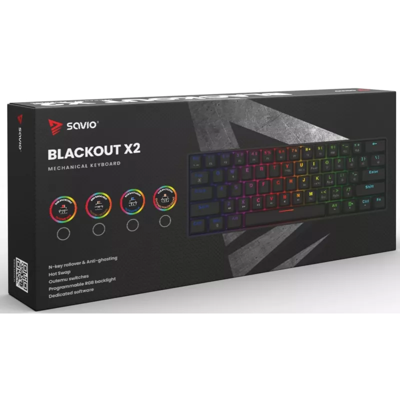Mechanische Gaming-Tastatur SAVIO SchwarzOUT X2 BROWN 61-Tasten 60% USB QWERTY RGB Outemu Brown