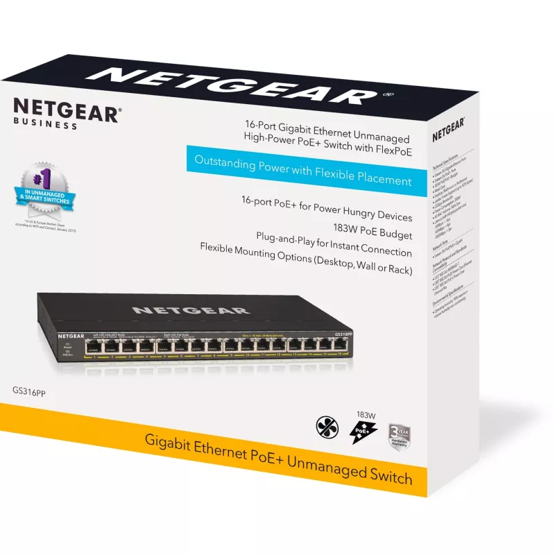 NETGEAR GS316PP Unmanaged Gigabit Ethernet (10/100/1000) Power over Ethernet (PoE) Schwarz