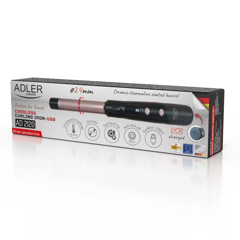 Kabelloser Lockenstab Adler AD 2120 — 2,4 cm Keramik-Turmalin-Aufsatz, LED-Display, bis zu 170–210 °C, wiederaufladbar 2×2600 mAh