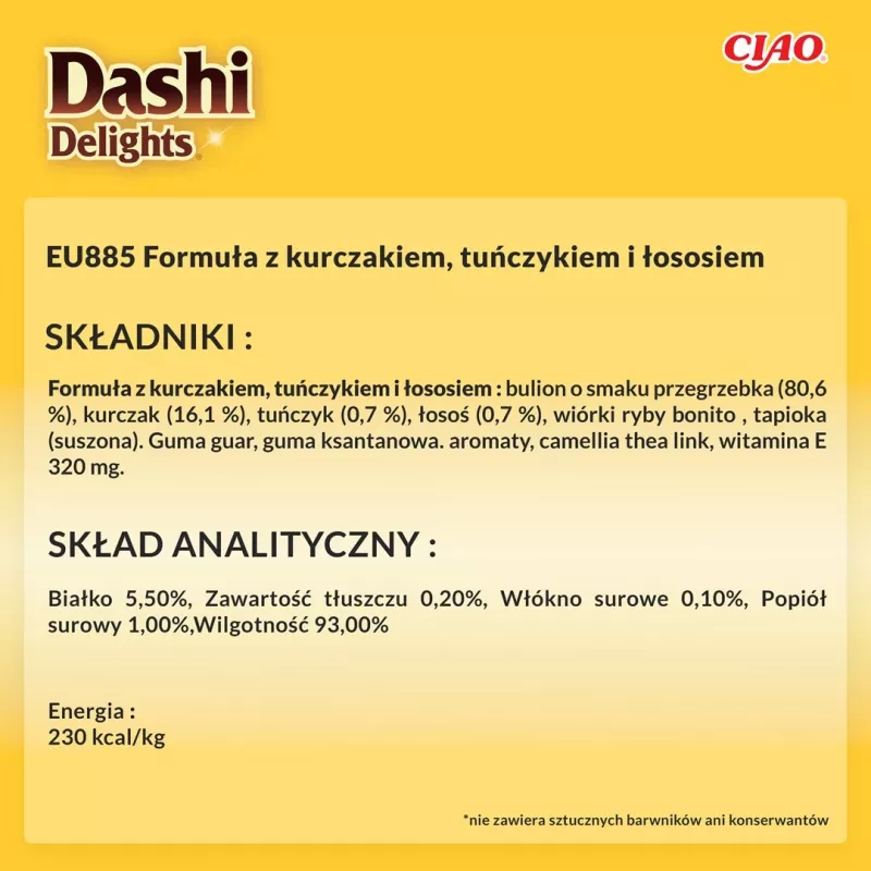 Nassfutter-Leckerli für Katzen INABA Dashi Delights Silky Broth – Huhn mit Thunfisch & Lachs, 40 g Beutel, 93% Feuchtigkeit, diätetische Verdauungsunterstützung