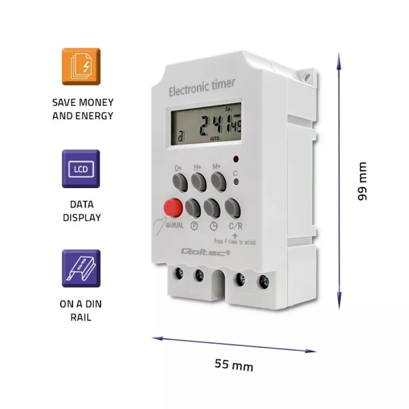 Elektronischer DIN-Schienen-Zeitschalter QOLTEC PC0629 — 24V Versorgung, 16A Ausgang