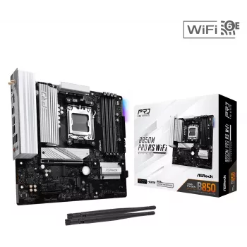 ASRock B850M Pro RS WiFi Mainboard — AMD B850, Socket AM5, microATX, DDR5, 4 DIMM, 256GB, Wi‑Fi 6E, 2.5Gb LAN, 3x M.2
