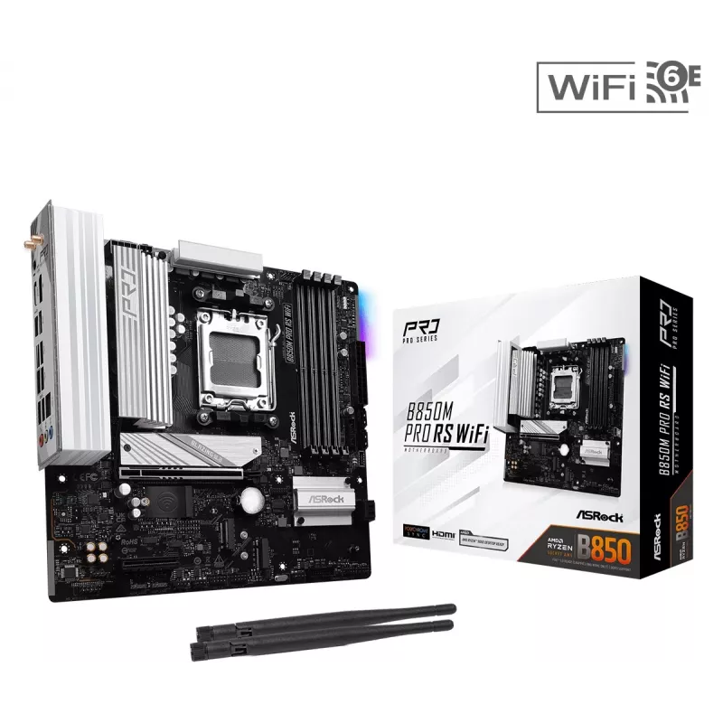ASRock B850M Pro RS WiFi Mainboard — AMD B850, Socket AM5, microATX, DDR5, 4 DIMM, 256GB, Wi‑Fi 6E, 2.5Gb LAN, 3x M.2
