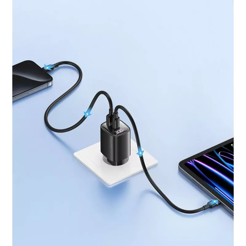 USB- und USB-C 30W GaN-Schnellladegerät usams CC229 Weiß — LED-Anzeige, kompaktes Design