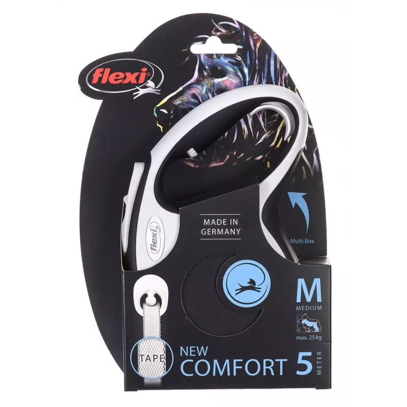 Rollleine Flexi New Comfort M Tape 5 m Schwarz — ausziehbare Bandleine Größe M, Max. Belastung 25 kg, Gewicht 300 g