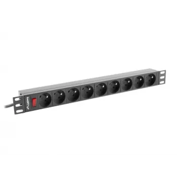 Power Distribution Unit LANBERG PDU-09E-0300-BK — 9x Steckdosen Typ E, 16 A, 220–250 V, 3 m Kabel, 1U-Rack, 19 Zoll