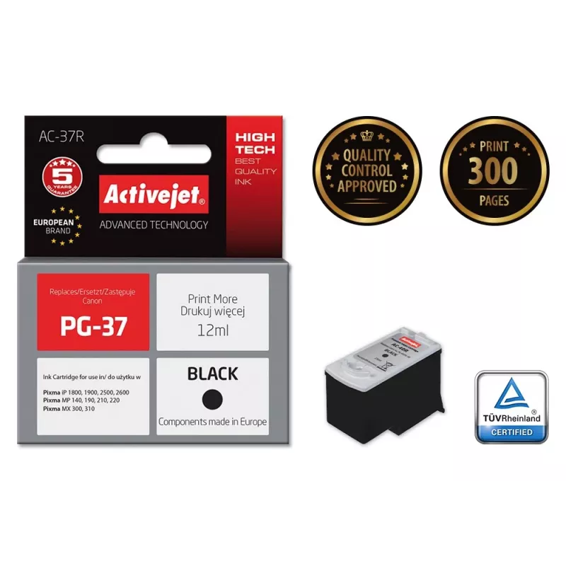Tintenpatrone ActiveJet AC-37R kompatibler Ersatz für Canon PG-37, schwarz, 12 ml, hohe Reichweite, pigmentbasiert