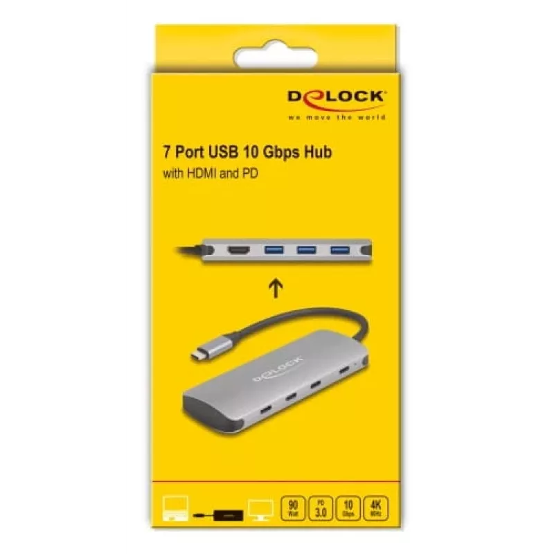 USB-C-Hub DELOCK 64323 — USB 3.2 Gen 2 Type-C-Host, HDMI + 2× USB-A + 2× USB-C, 10 Gbit/s, grau