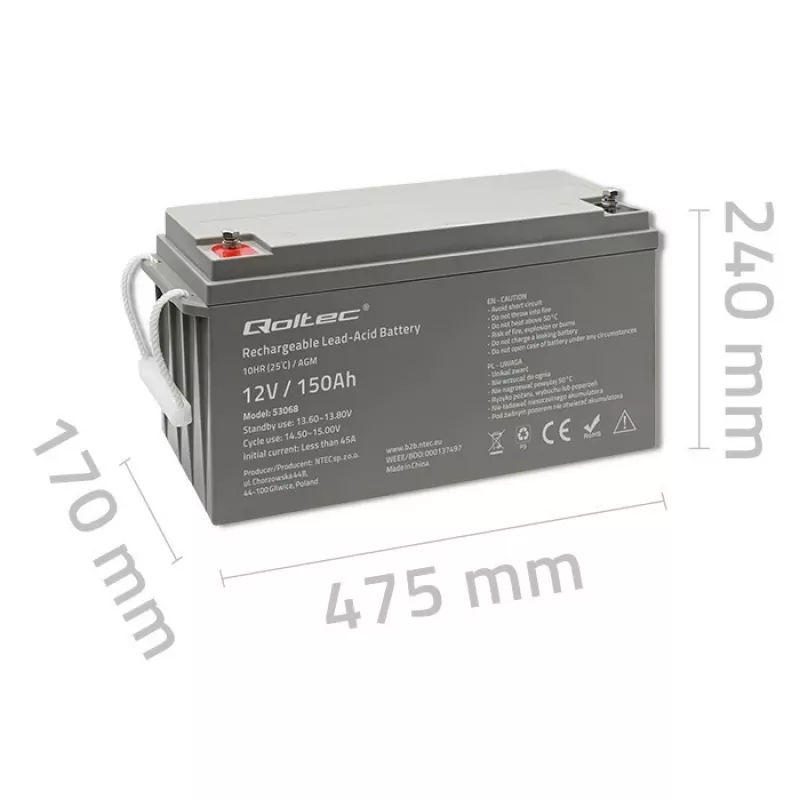 Qoltec 53068 AGM-Batterie | 12V | 150Ah | max. 2250A