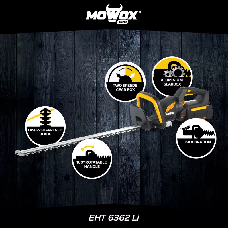Akku-Heckenschere MoWox EHT 6362 Li — handgehalten, drehbarer Griff, batteriebetrieben